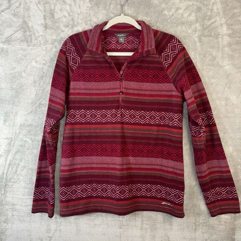 Eddie Bauer Fleece Pullover Women’s L Aztec Southwestern Red Geometric Stripe